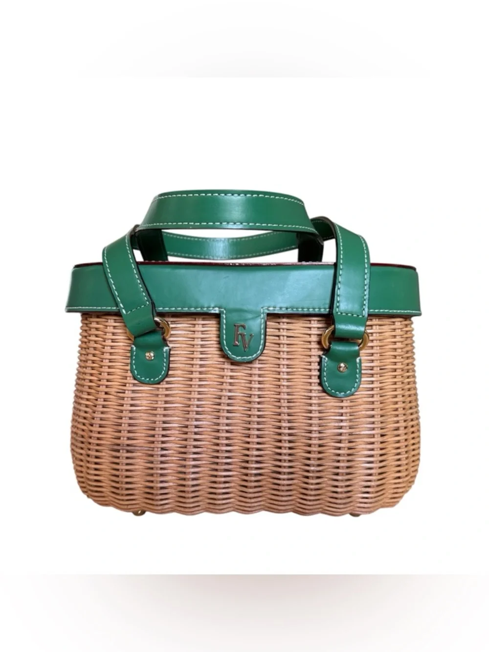Frances Valentine Willow Wicker Basket Satchel Bag Natural and Green - Picture 1 of 11